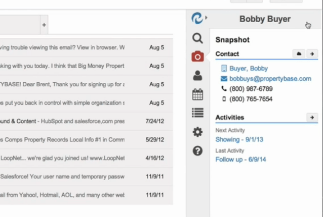 Screen shot of Propertybase integrated into Gmail using Cirrus Insight.