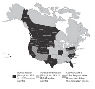Map showing which North American regions Re/Max owns and which not.