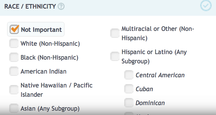 Screen shot showing NeighborhoodScout's search options for racial and ethnic makeup.