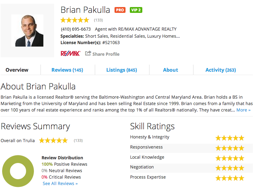 Screen shot of Trulia's new agent profile page for agent Brian Pakulla.