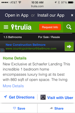 'Visit with Uber' links (shown in the bottom right-hand corner of the image above) now appear on Trulia listing pages.