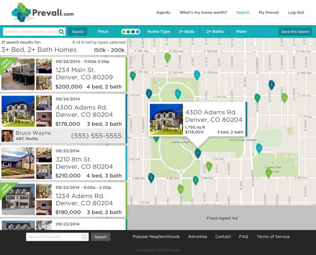 Screenshot showing Prevail listing search page.