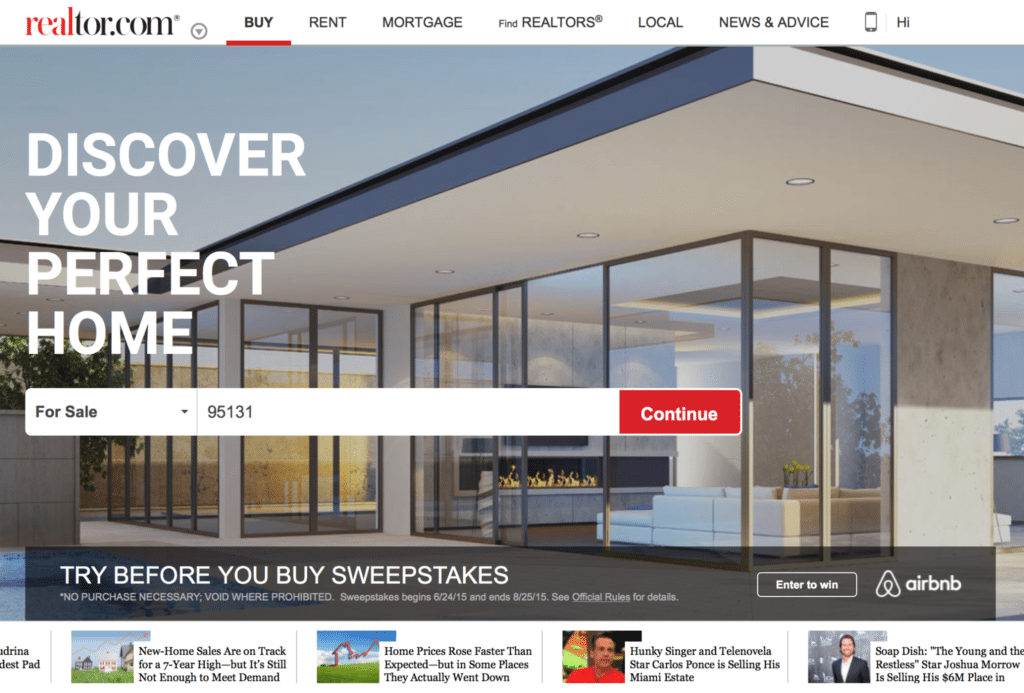 Realtor.com's homepage with the new Airbnb option.