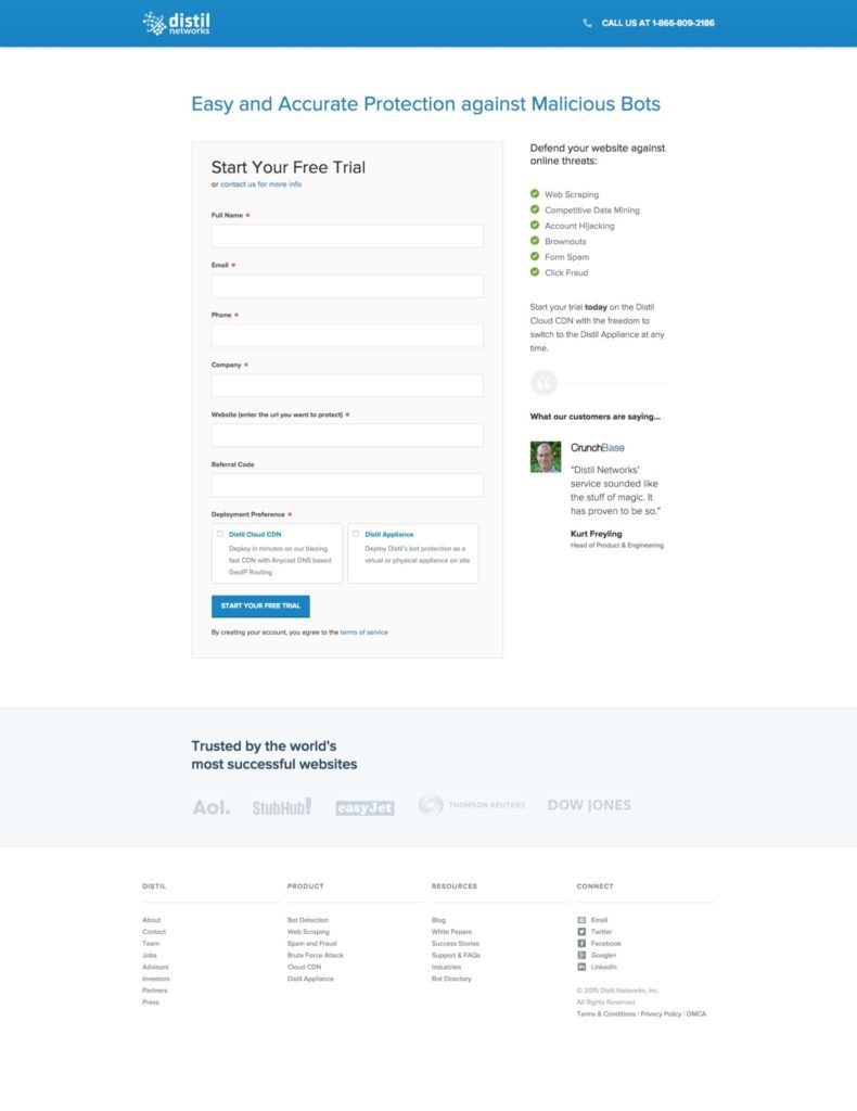 Distil Network's sign-up form.