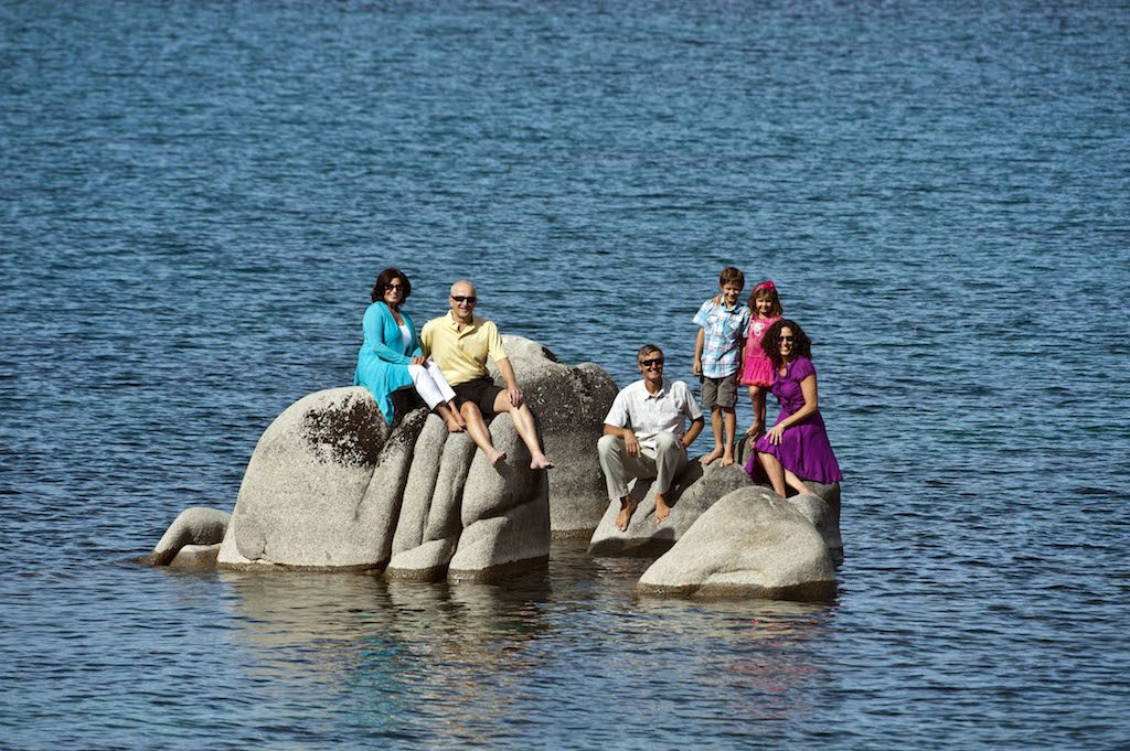 family photo on rocks