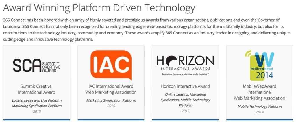 365 Connect's website lists assorted awards it has won.