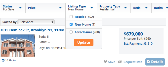 Screen shot showing Homes.com's new-home listings filter