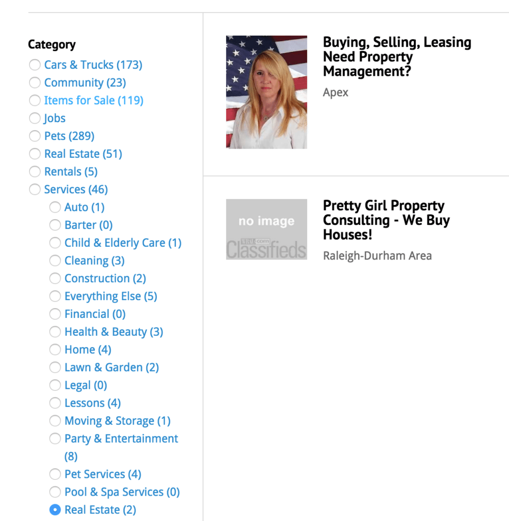 WRAL.com's real estate services classified ads section shows two real estate agents. 