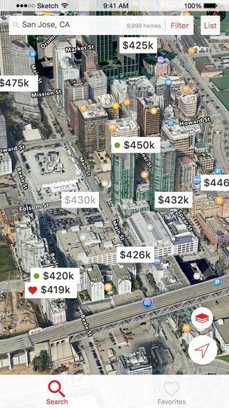 Screen shot showing 3-D map view of realtor.com's new mobile search app. 