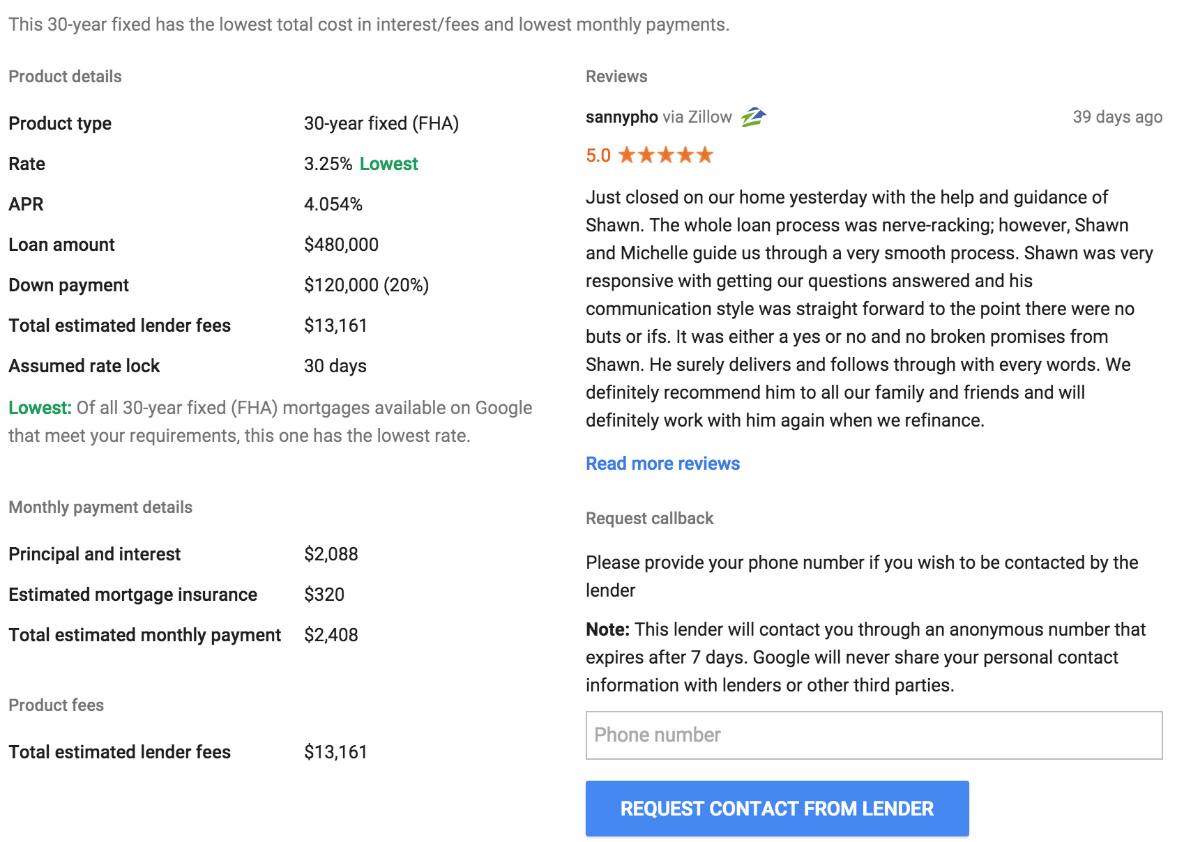 A Google Compare screenshot with a Zillow agent review.
