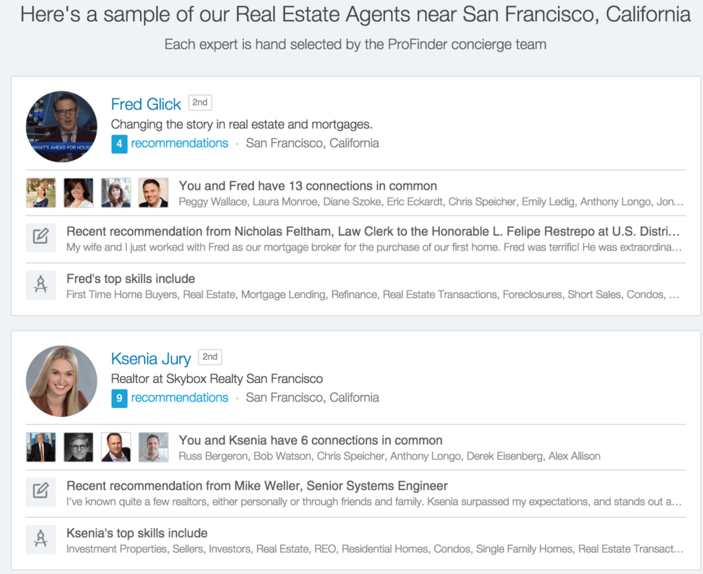 Screen shot showing top two results for search of 'real estate agent' by Teke Wiggin on ProFinder's home page.