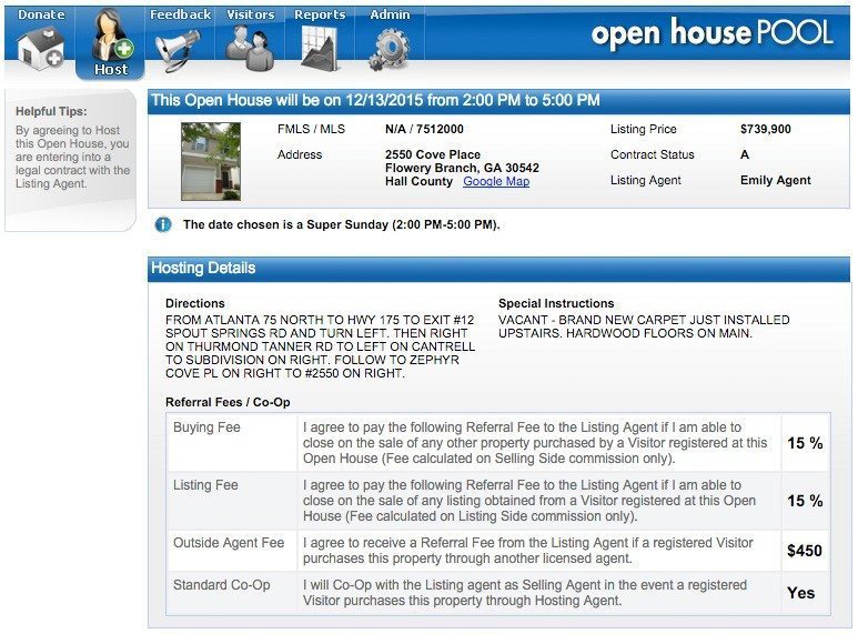 Screen shot showing an open house 'donation' page in Metro Brokers' open house platform. 