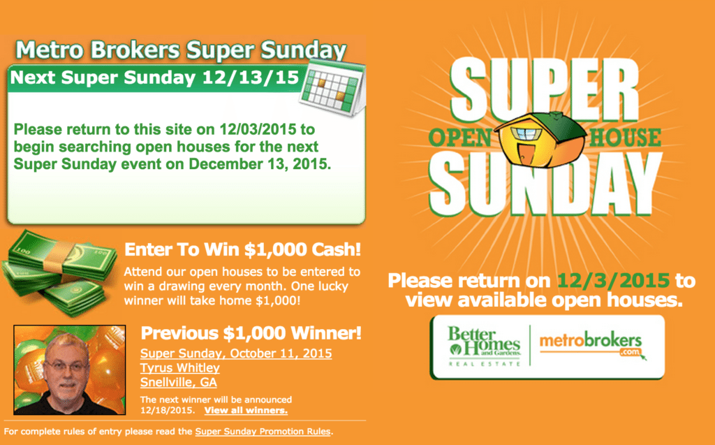Metro Brokers' 'Super Sunday' web page invites users to return to the site to browse open houses in early December. 