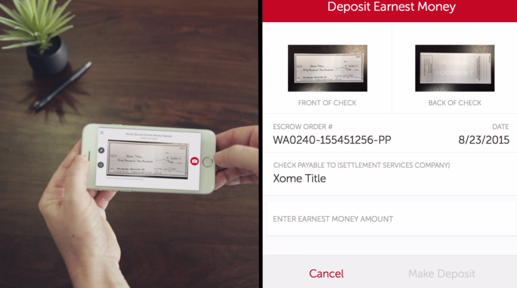 Screen shot from Xome explainer video showing process for using app to deposit earnest money. 
