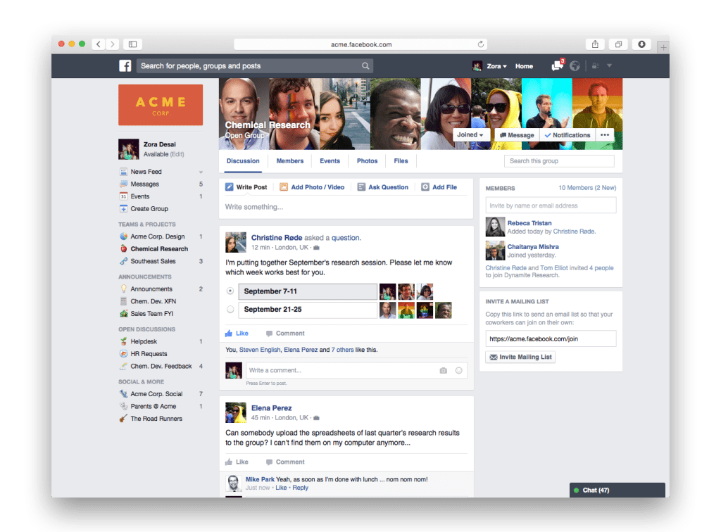 Screen shot showing Facebook At Work.