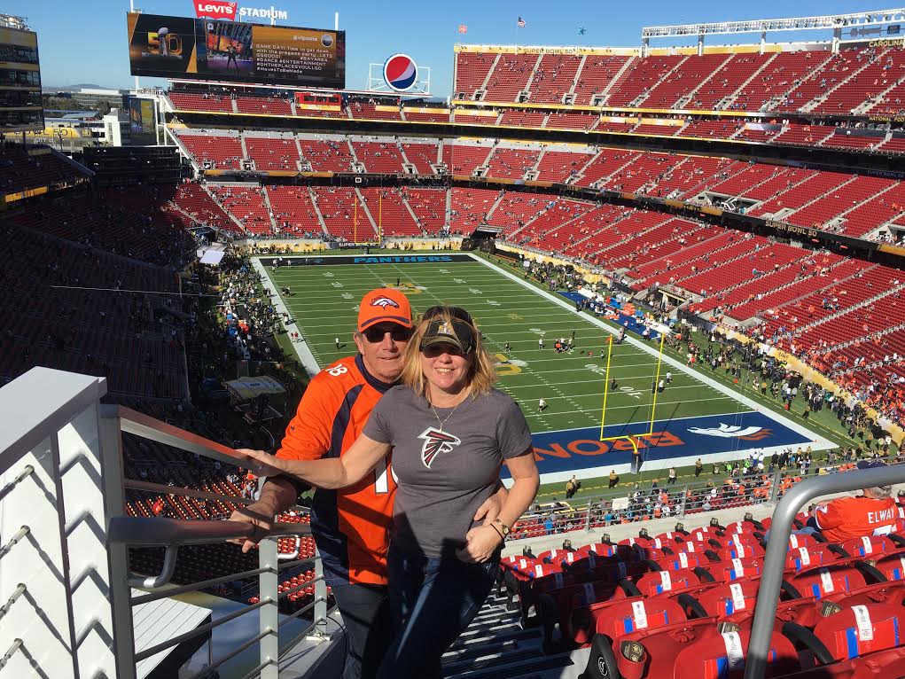 A photo of Faye and Patrick Finnick at Super Bowl 50.