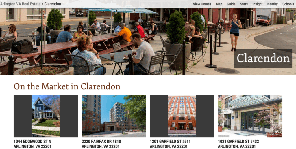 Screenshot showing c21redwood.com's neighborhood page for the Washington, D.C. neighborhood of Clarendon.