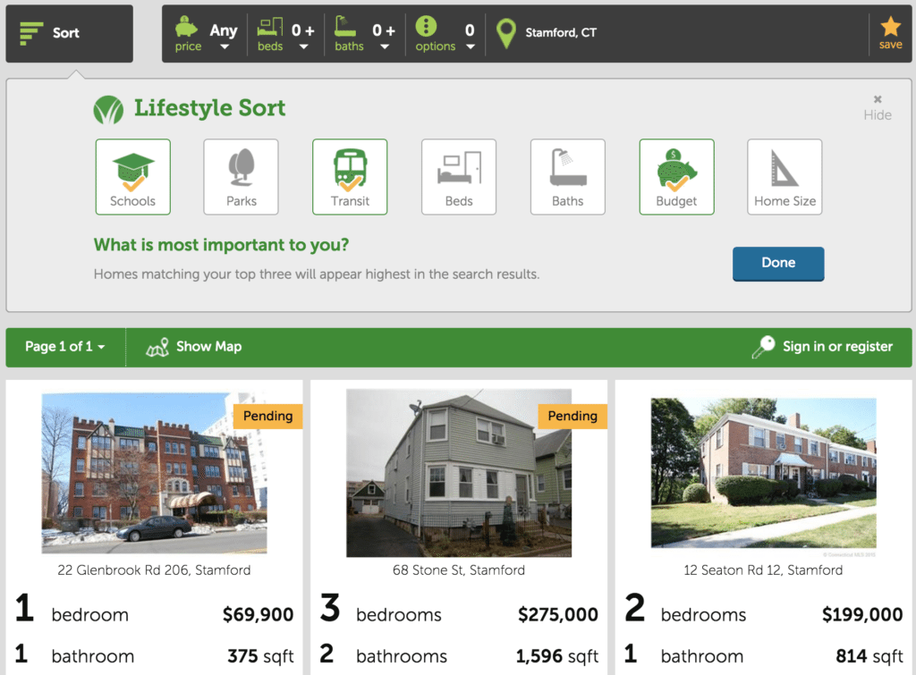 Screenshot showing Better Homes and Gardens Real Estate website's listing search results page, which includes lifestyle filters. 