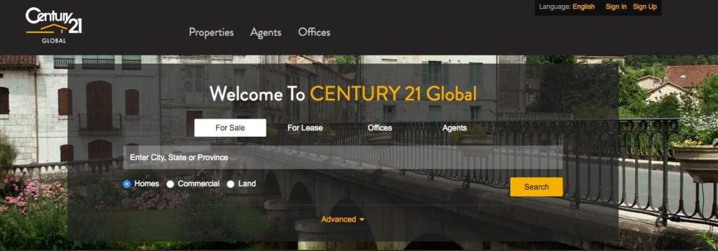A screenshot from the century21global.com home page.