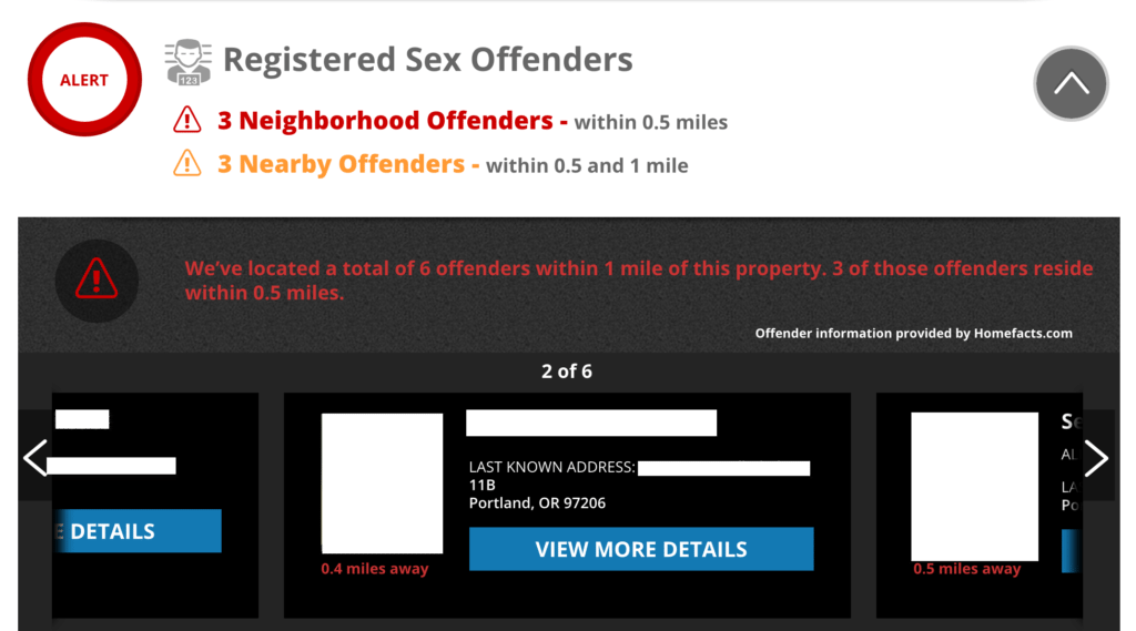 Screen shot showing a sex offender section of a sample Home Disclosure report.