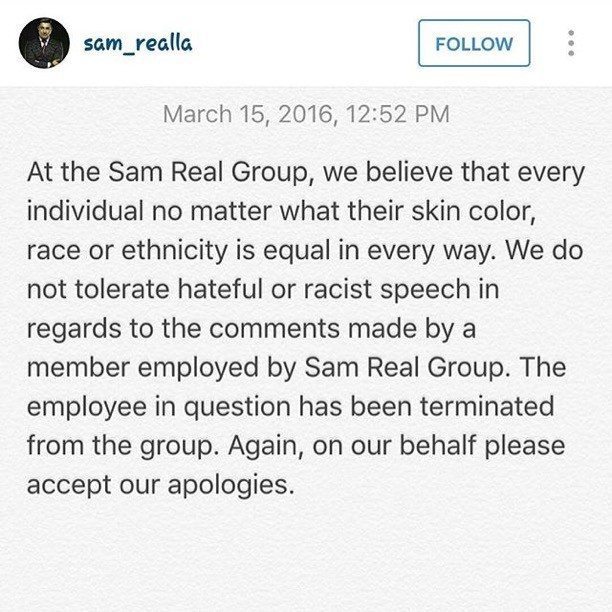 A screenshot of Sam Real's response to Houston's comments.