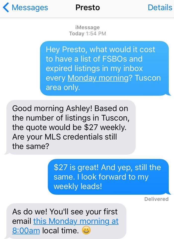 A screenshot of Presto's text service.