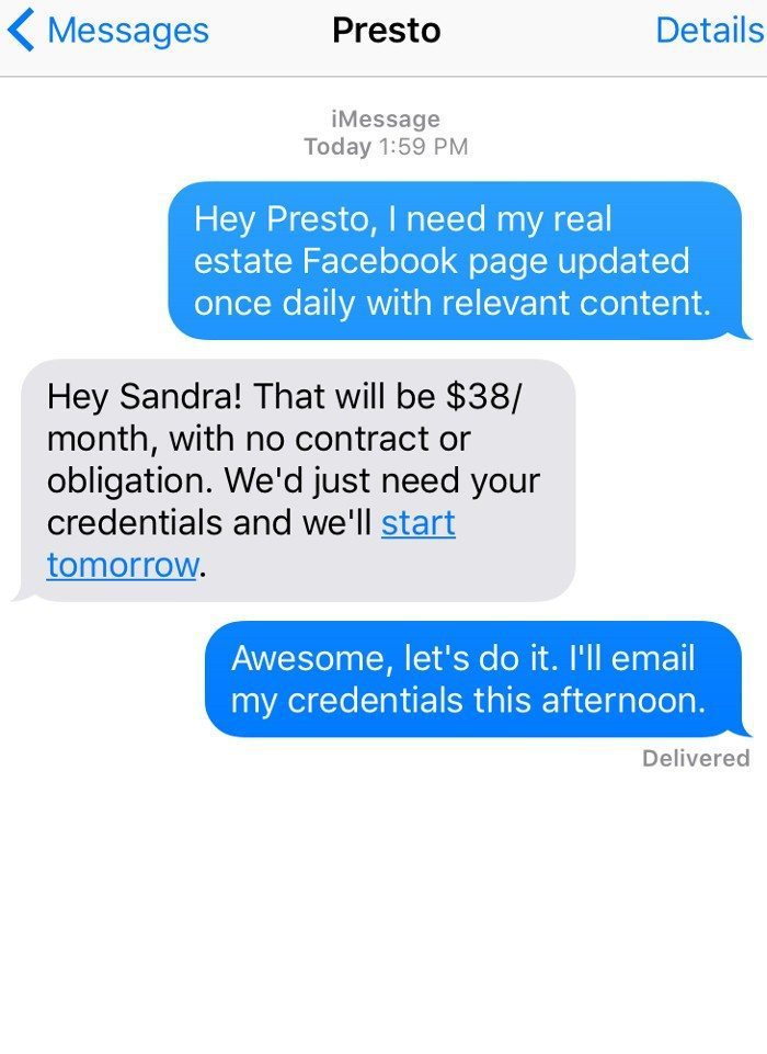 A screenshot of Presto's service.