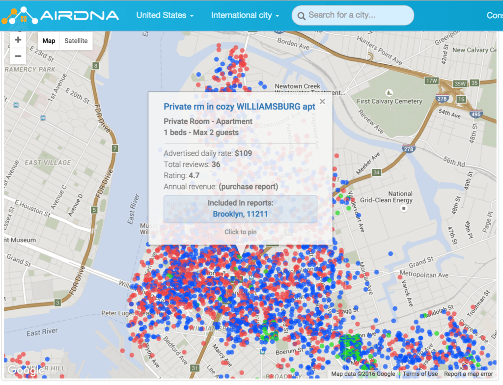Screen shot showing Airdna's short-term rental data snapshot of Brooklyn, New York. 