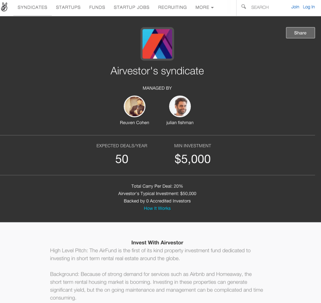 The AirFund is publicly advertised on AngelList, a crowdfunder. 