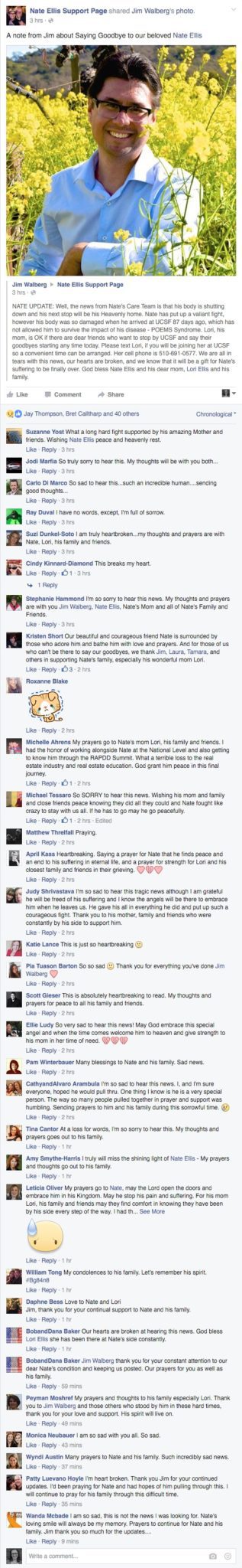 A post from the Nate Ellis Support Page with tributes to Ellis. Screencapture taken at 3:45 PT 4/12/16.