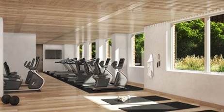 Sun fills the fitness center at Fifty Third & Eighth