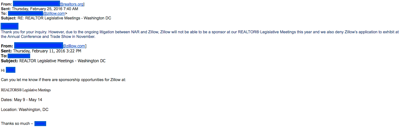February 2016 email thread between NAR and Zillow excluding Zillow from NAR 2016 events