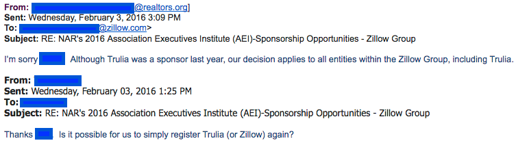 February 2016 email thread between NAR and Zillow excluding Zillow and Trulia from NAR's AEI event