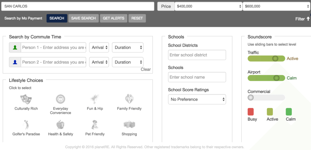 Search filter menu powered by PlanetRE's 'Lifestyle Consumer Search Portal'