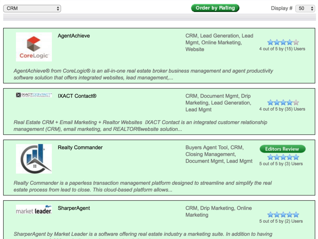 RE Technology search results page for search of agent CRMs.