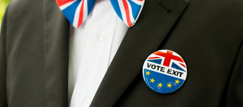Brexit pin on a man's jacket