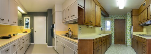 efore and After photo of remodeled wooden kitchen with fitting enthralling cabinets, tiled counter tops, stainless steel appliances and view window. (Mr. Interior / Shutterstock.com)