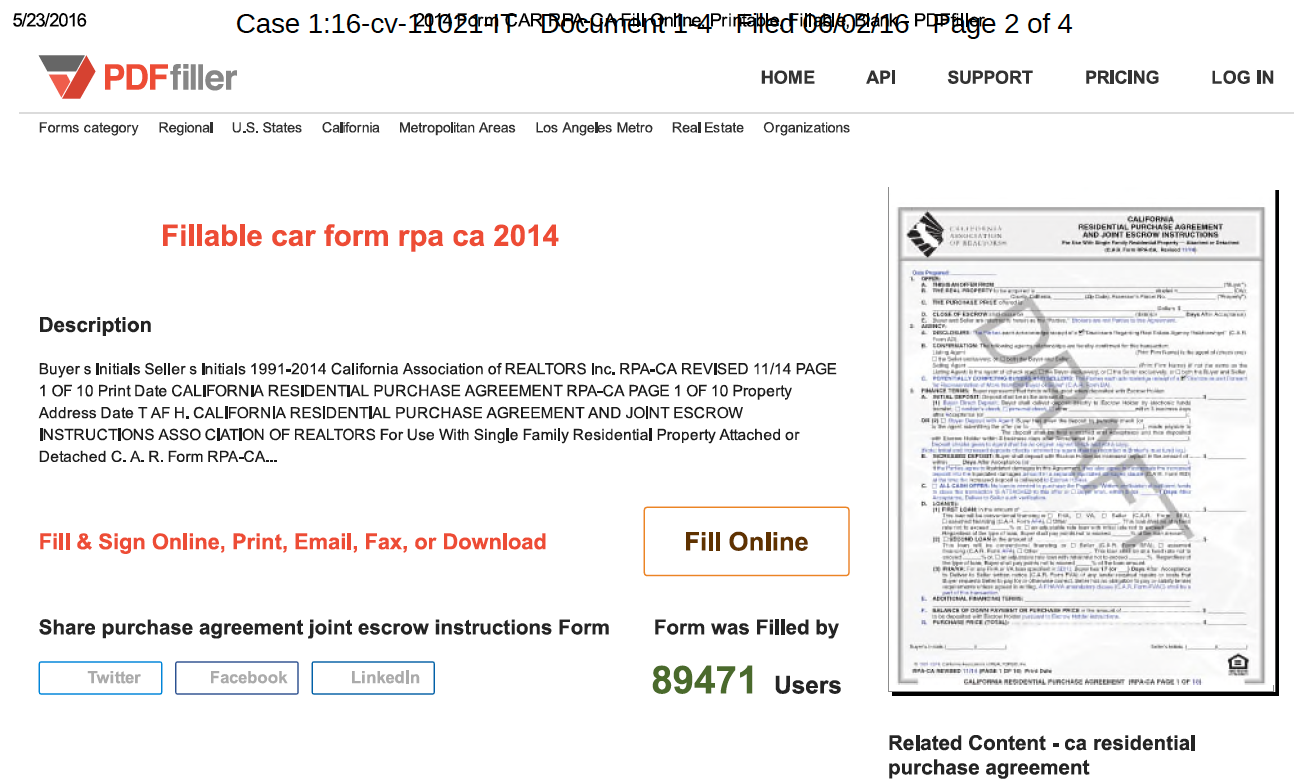 CAR legal exhibit showing CAR form on PDFfiller website