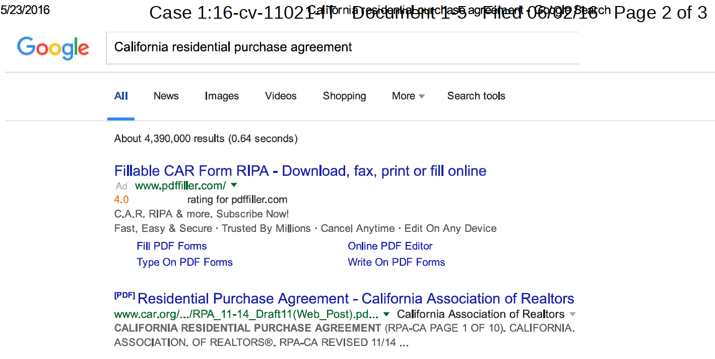 CAR legal exhibit showing PDFfiller paid ad for CAR form on Google