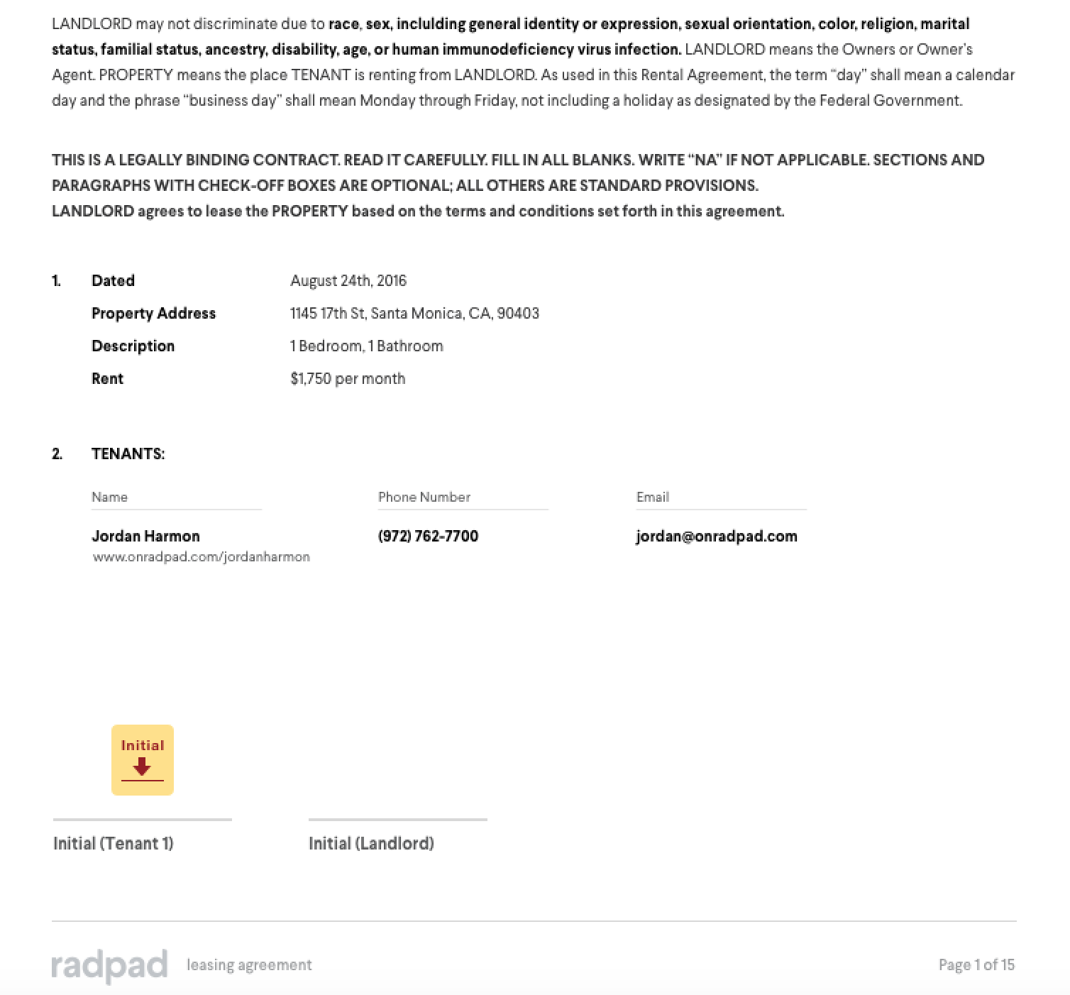 Screen shot of sample RadPad digital lease. 