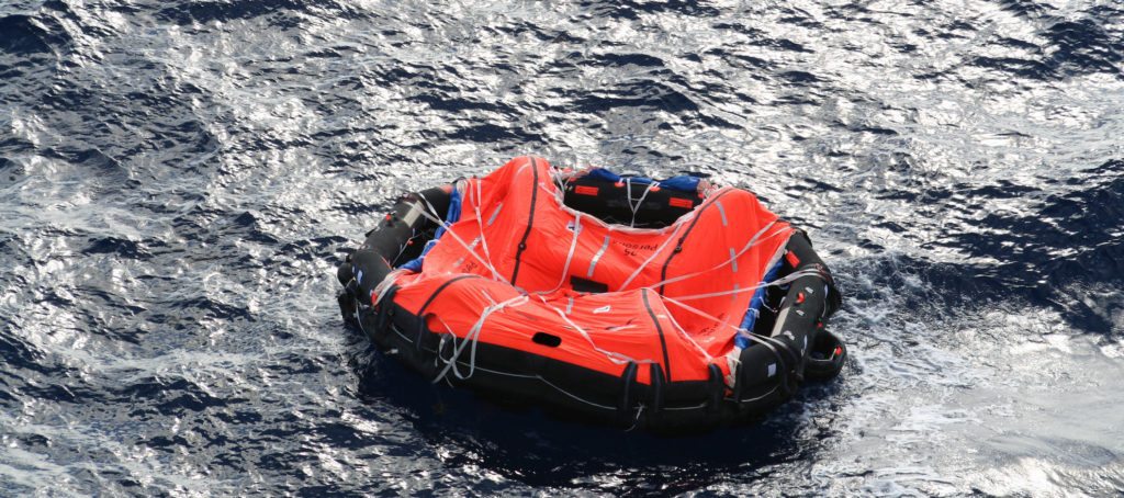 A life raft floating in the ocean