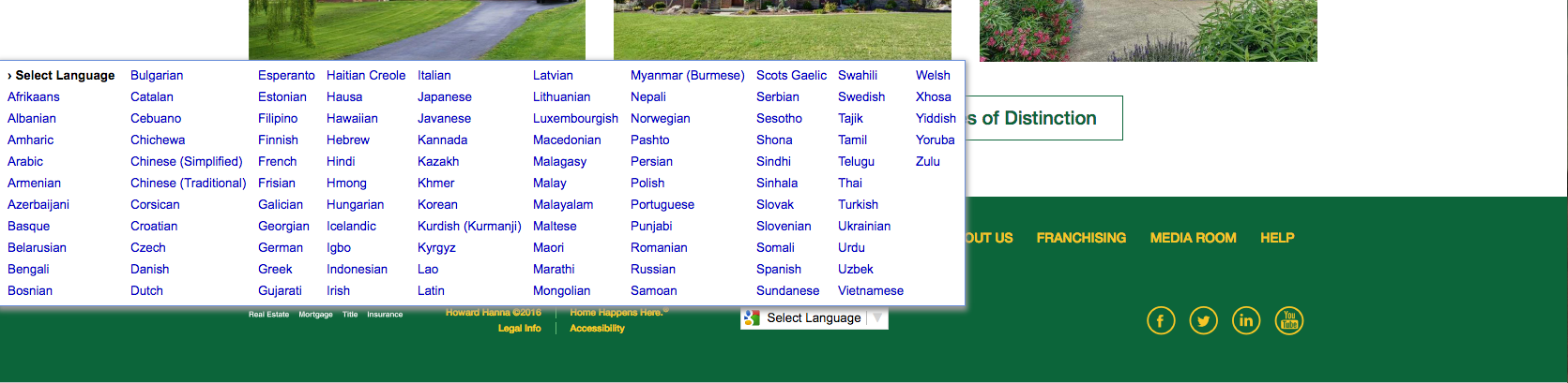 Screen shot of HowardHanna.com homepage language menu.
