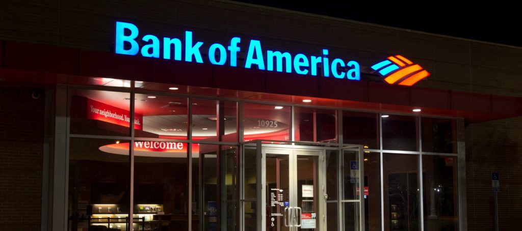A Bank of America sign at night