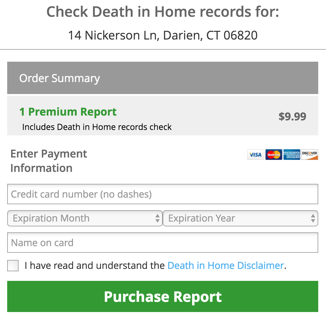HomeDisclosure's order page for home death reports. 