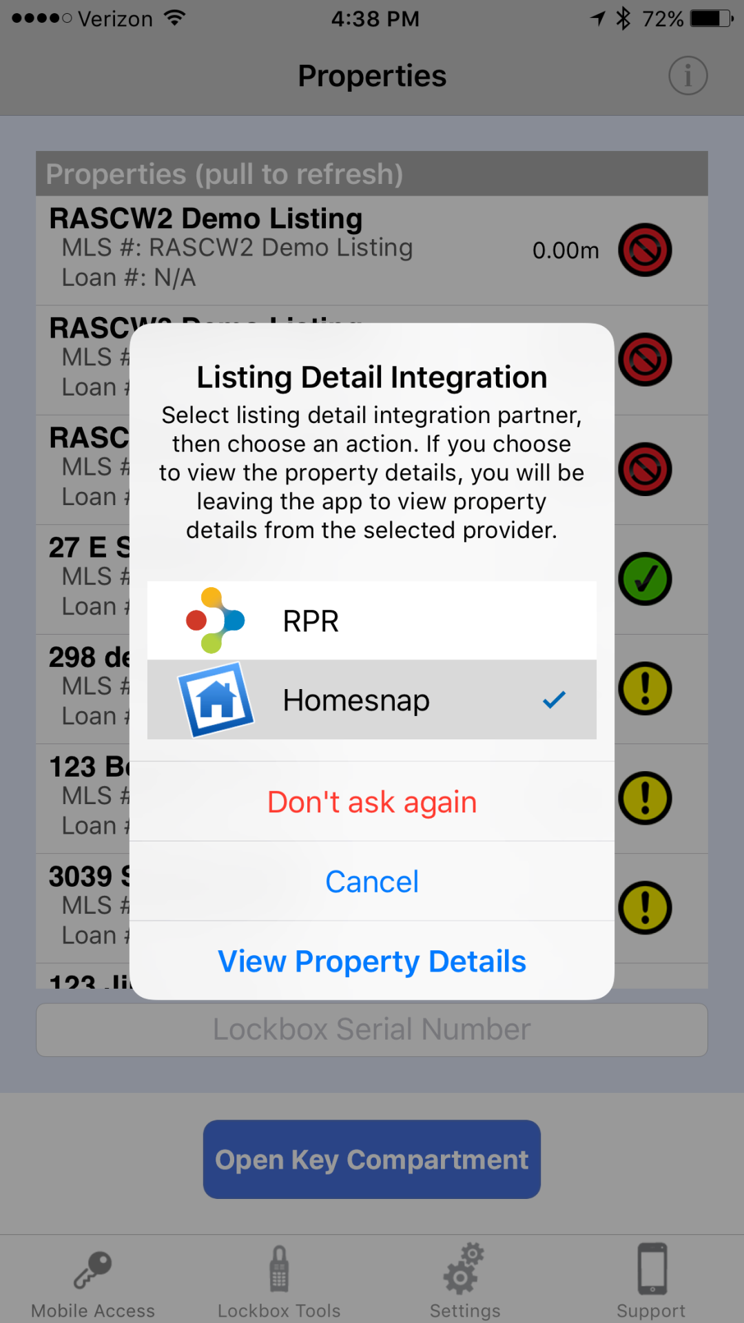 Screen shot of Homesnap and SentriLock integration