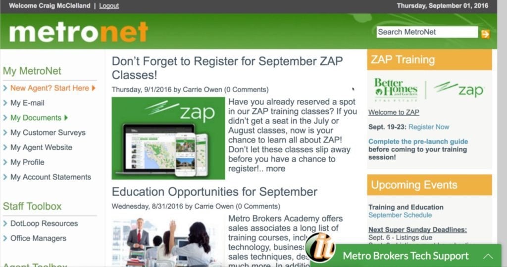 The September Zap class reminder on Metro Brokers' website
