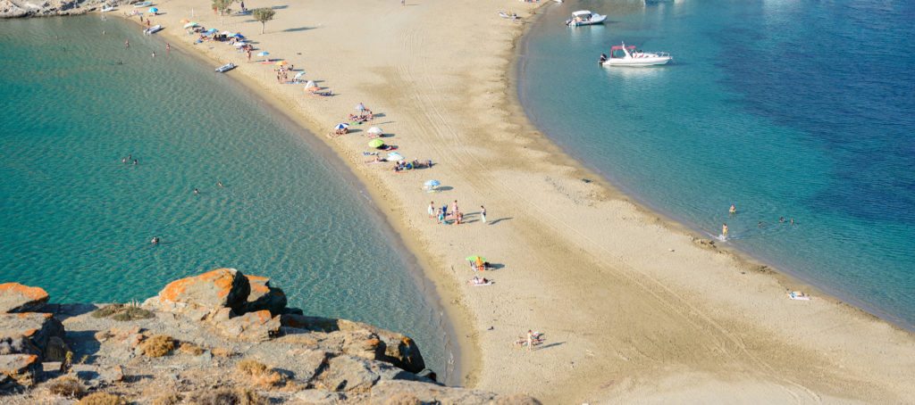 The Kolona double sided beach at Kythnos, Greece as viewed from Aghios Loukas islet