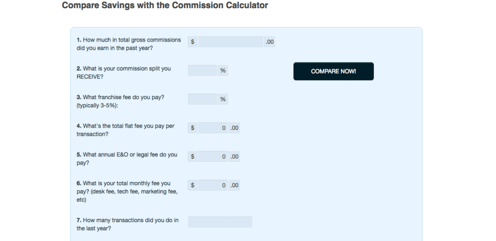 Screen shot of Worth Clark Realty's commission calculator tool. 