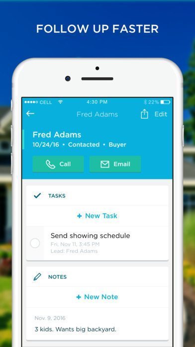 Lead profile page for paid version of Placester mobile app.
