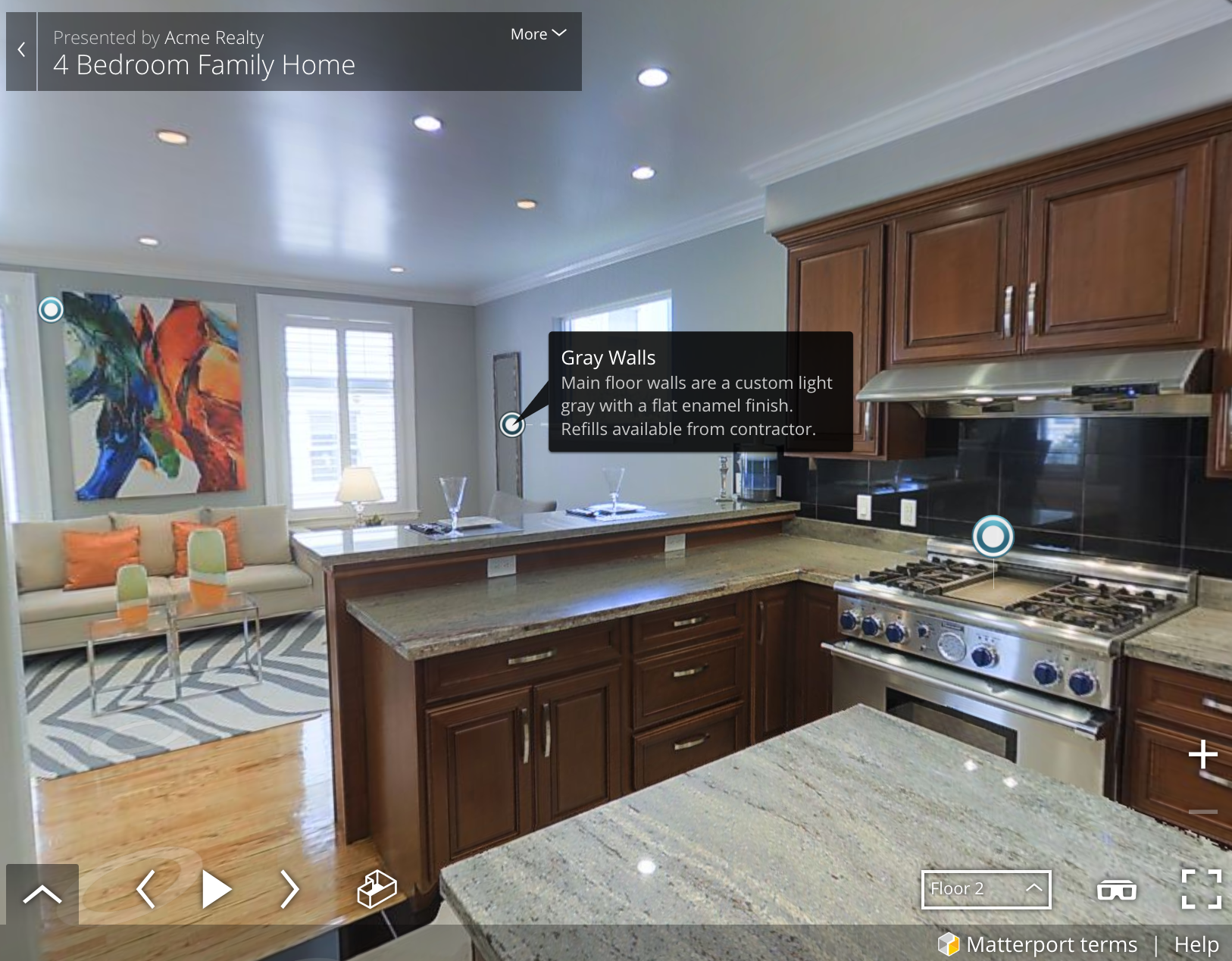 Screenshot of a 3-D model from Matterport. Users can click the goggles icon to view the tour in virtual reality. 